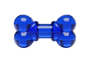 macro close-up of a highly translucent, glossy sapphire blue bone-shaped dog chew toy, isolated on a transparent background with soft studio lighting. concept for premium pet product advertising