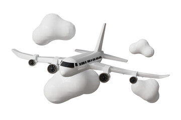 3d airplane with clouds icon. travel aviation concept. minimal cartoon airplane jet flight icon for travel website banner. isolated on white background. 3d render.