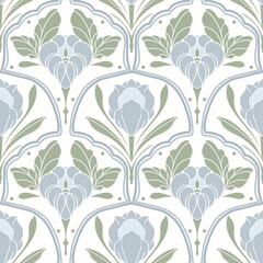 Cotton fabric Art Nouveau floral tulip seamless pattern with sage green and blue botanical ornate vintage style repeating flowers for textiles wallpaper and crafts
