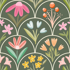 Cotton fabric Seamless pattern with whimsical retro wildflowers in a blooming pastel garden cottagecore floral meadow with colorful botanical illustrations