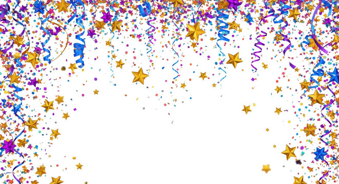 a dynamic explosion of vibrant multicolored confetti, golden stars, and metallic blue and purple streamers bursting outwards on a white background with copy space. concept of victory and celebration - Powered by Adobe