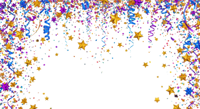 a dynamic explosion of vibrant multicolored confetti, golden stars, and metallic blue and purple streamers bursting outwards on a white background with copy space. concept of victory and celebration