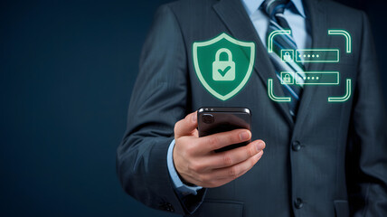Businessman securing mobile device with biometric authentication and data protection