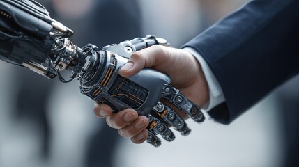 Handshake between a man and a robot, symbolising the future of artificial intelligence and human augmentation in society. The image highlights the potential collaboration.