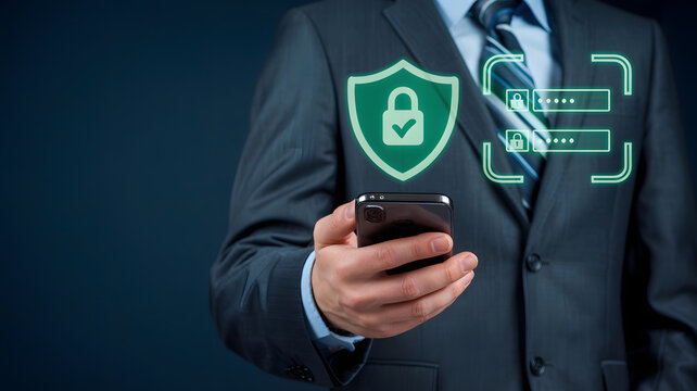 Businessman securing mobile device with biometric authentication and data protection