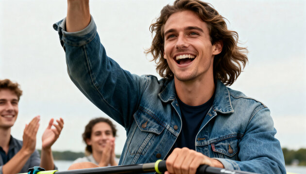 A happy young man celebrating victory in a boat with friends. Cheerful winner with arm raised smiling after a race. Teamwork and success concept - Powered by Adobe