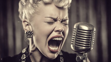 Vintage vocalist belts out a tune on stage. Intense emotion shines through with closed eyes, poised by a classic microphone, creating an unforgettable performance!