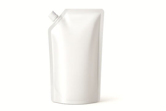 Laundry detergent pouch with spout, white background