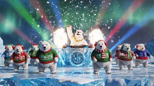 &ldquo;4K Animated Anthropomorphic Polar Bears Dancing on Arctic Ice &ndash; Festive Winter Holiday Characters with Colorful Outfits and Futuristic DJ Deck, Energetic Christmas-Themed Animation&rdquo;