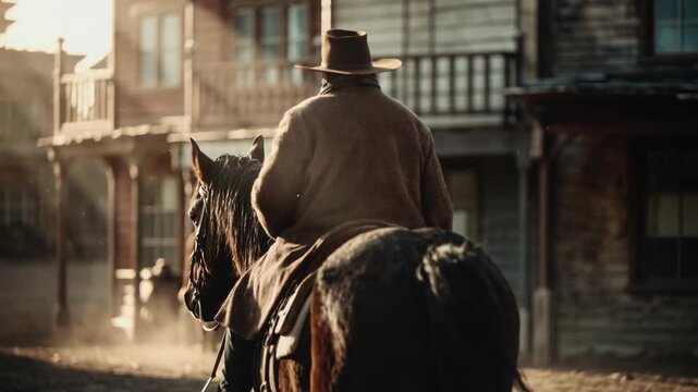 Lone rider on horseback moves past rustic buildings in warm evening light evoking classic frontier atmosphere and cinematic storytelling mood