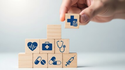 Hand stacking wooden blocks with health icons and money, symbolizing medical insurance plan
