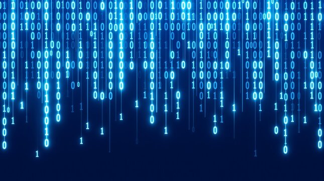 Illuminated blue binary code cascading down a dark background creating a digital matrix effect