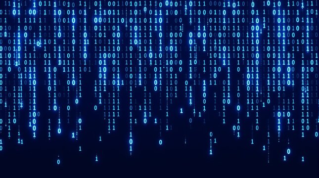 A digital rain of binary code falling down in blue tones representing data and information flow online