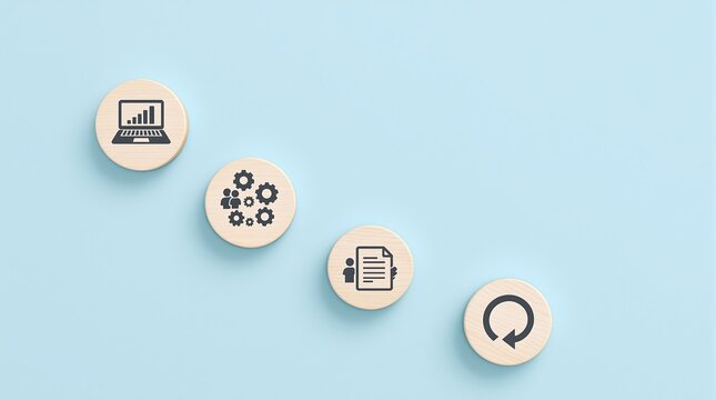 Four wooden circles with business icons on a light blue background arranged in a diagonal line pattern