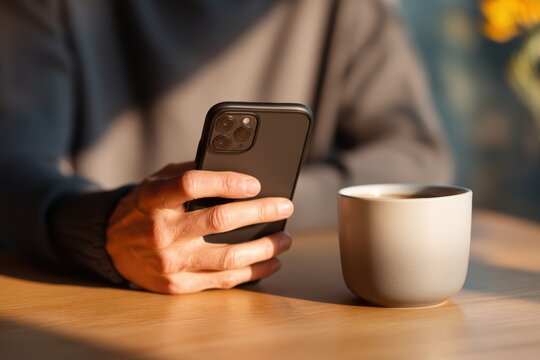 Modern man hands with clean natural nails using smartphone at cafe with warm coffee mug nearby showing casual premium lifestyle and contemporary masculine aesthetic. Digital lifestyle and self care.