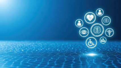 Digital health innovation concept with medical icons and network connections on blue