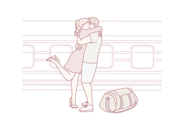 train platform goodbye hug between travelers, tender embrace on station with duffel bag on ground, woman lifting leg, pastel line art illustration evoking bittersweet travel emotion, minimal