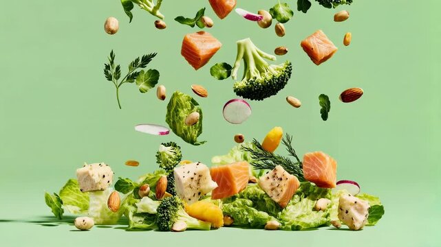 Fresh salad ingredients fly above a bowl on green background creating dynamic food action perfect for healthy cooking ads diet content and recipe visuals
