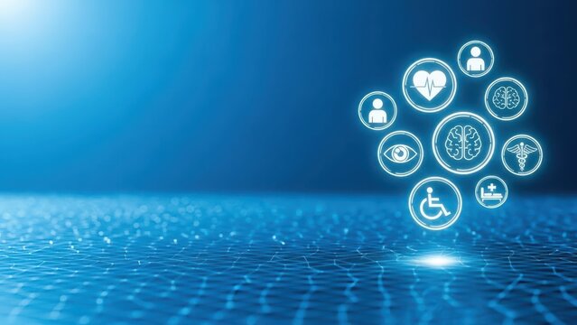 Digital health innovation concept with medical icons and network connections on blue