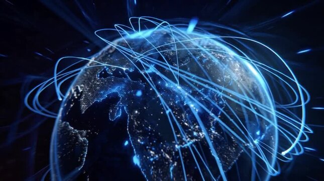 Global Network Connection: Seamless Loop of Blue Data Lines Orbiting Earth, jellyfish on blue background