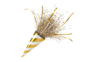 gold and white striped party popper exploding with shiny metallic confetti and dynamic streamers, captured mid-burst on a transparent studio background with copy space. Festive celebration concept