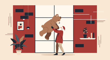 Joyful celebration of a playful moment with a cherished teddy bear in a home setting