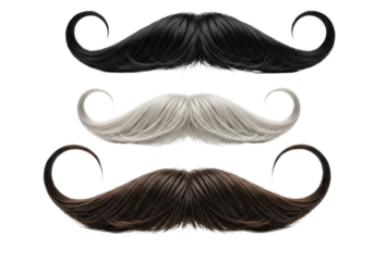 perfectly symmetrical handlebar mustaches (brown, blond, black) showcasing glossy texture and extreme detail, floating on high-key white background with copy space. concept of sophisticated vintage