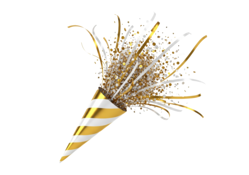 gold and white striped party popper exploding with shiny metallic confetti and dynamic streamers, captured mid-burst on a transparent studio background with copy space. Festive celebration concept