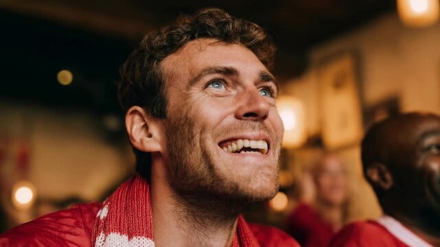 Smiling man in a busy bar reacts to a match on surrounding screens capturing shared excitement social sports atmosphere and fan experience moments