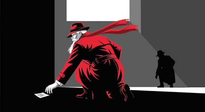 Intrigue illustration of a bearded figure in a red coat finding a note in shadows