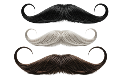 perfectly symmetrical handlebar mustaches (brown, blond, black) showcasing glossy texture and extreme detail, floating on high-key white background with copy space. concept of sophisticated vintage