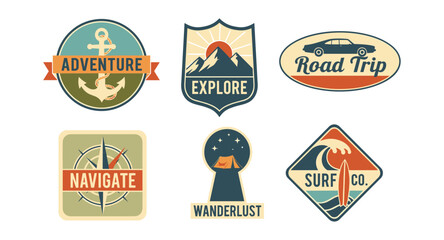 Obraz premium Vintage travel badge collection featuring adventure, exploration, and road trip designs