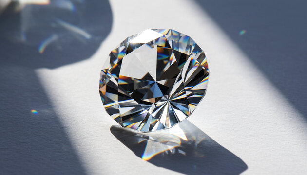 Closeup of a sparkling round cut diamond with light reflections.