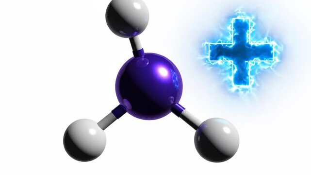 3d rendering of a molecule structure with a glowing blue electric plus sign symbol isolated on white background