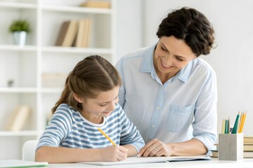 Fototapeta premium Mother helping child with homework at home, sitting together at desk, learning, writing, bonding, education support, cozy interior setting