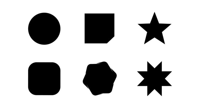 Geometric shapes collection: circle, square, star, rounded, hexagon, octagram silhouettes