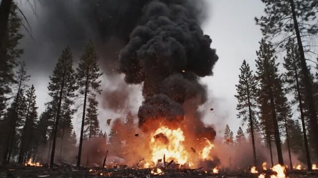 A dramatic and intense scene unfolds as the mangled fuselage of a large aircraft is engulfed in furious flames and dense, dark smoke. The wreckage, partially surrounded by what appears to be a wintry 