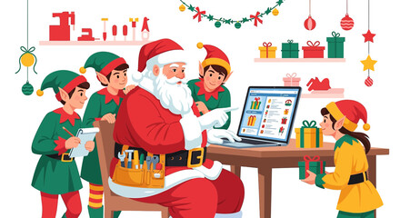 Santa Claus and Elves Checking Gift List on Laptop in Workshop, a Modern Christmas Celebration