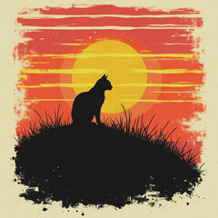Cat silhouette sitting on hill watching sunset artistic vector illustration