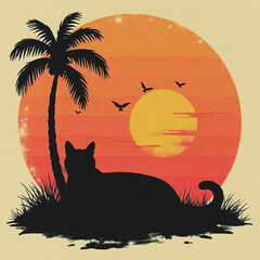 Cat silhouette under a palm tree at sunset design backdrop