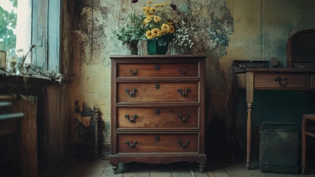 Video A wooden dresser decorated with fresh flowers