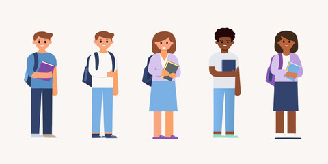 Diverse group of students standing together with books and backpacks