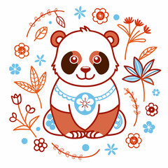 Adorable panda illustration with floral accents, perfect for children's books, nursery decor, or cute designs with a touch of nature and playful charm