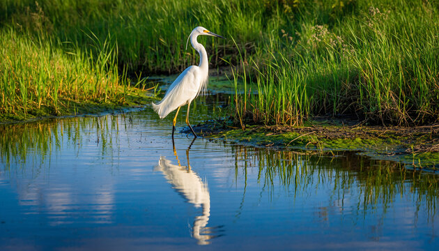 Elegant Great Egret Reflecting in Calm Waters at Sunset.