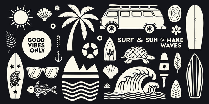 Retro surf van and beach elements collection with good vibes only text and tropical motifs