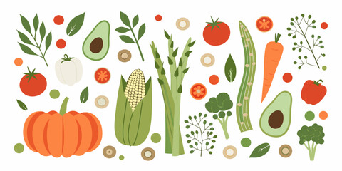 Fresh vegetables and fruits flat lay illustration on white background