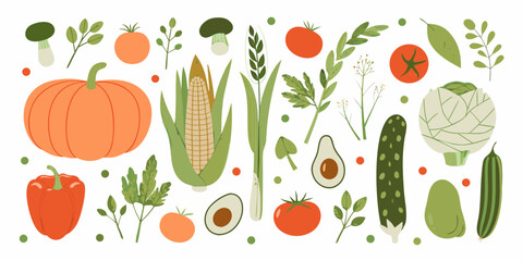 Fresh vegetables and fruits flat vector illustration on white background
