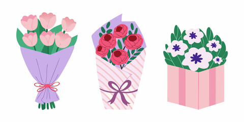 Three different flower bouquets in pink purple and white on a white background