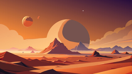 Explore the surreal Martian landscape with majestic mountains, distant planets, and dreamy clouds during a vibrant sunset, ideal for sci-fi designs © P