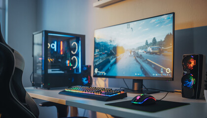 Gaming PC Setup with Curved Monitor and RGB Lighting.